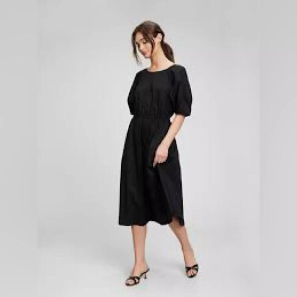 Gap Puff Sleeve Keyhole Midi Dress Black 100% cotton Womens XS NWT